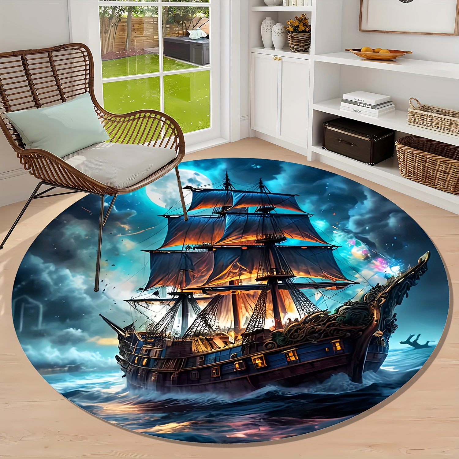 Home Bathroom Door Design - Pirate Ship Design Round Area Rug