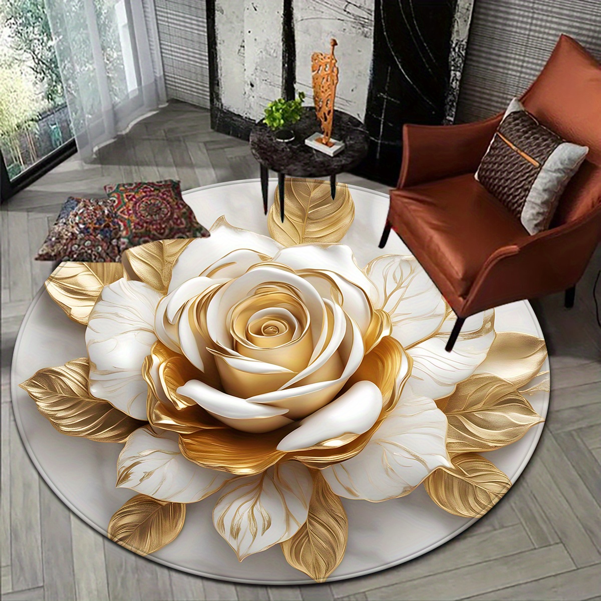 Home Bathroom Door Design - White Gold Rose Round Rug, Luxury